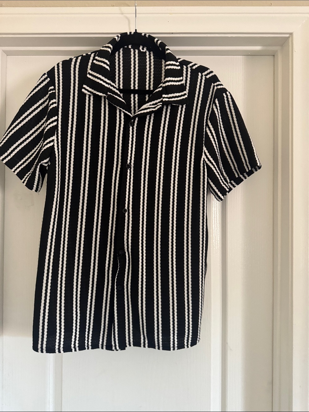 SHEIN Black and White Vertical Stripe Short Sleeve Button-Up Shirt